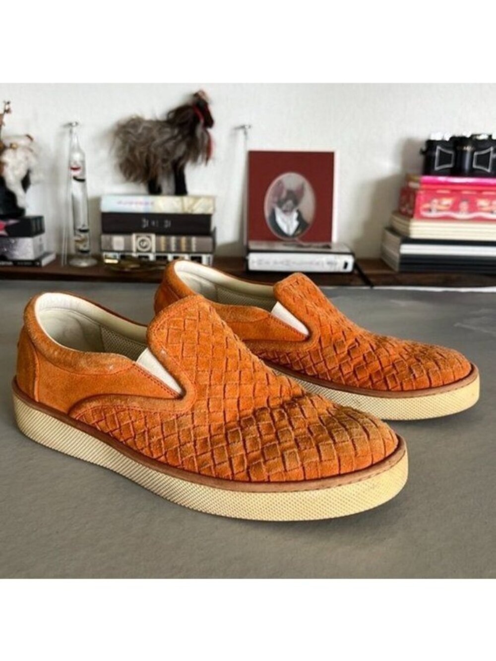 Bottega Veneta Orange Intrecciato Suede Dodger Skateboard Slip On Sneakers